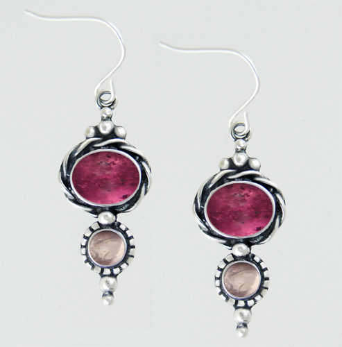 Sterling Silver Drop Dangle Earrings With Pink Tourmaline And Rose quartz